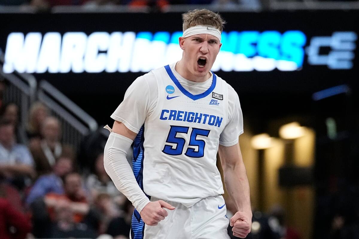 Creighton guard Baylor Scheierman (55) reacts to play against Princeton in the second half of a ...