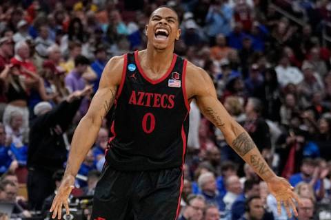 San Diego State forward Keshad Johnson (0) celebrates a win over Alabama in the second half of ...