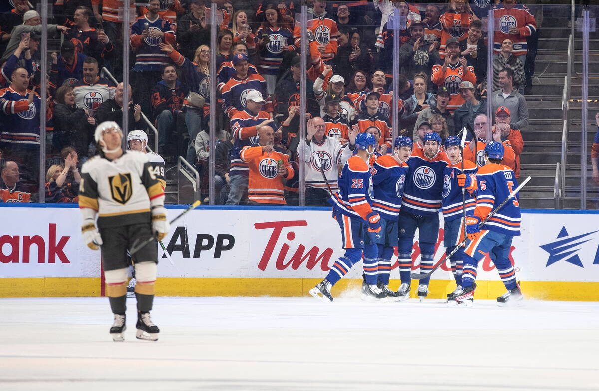 Edmonton Oilers celebrate a goal against the Vegas Golden Knights during the first period of an ...