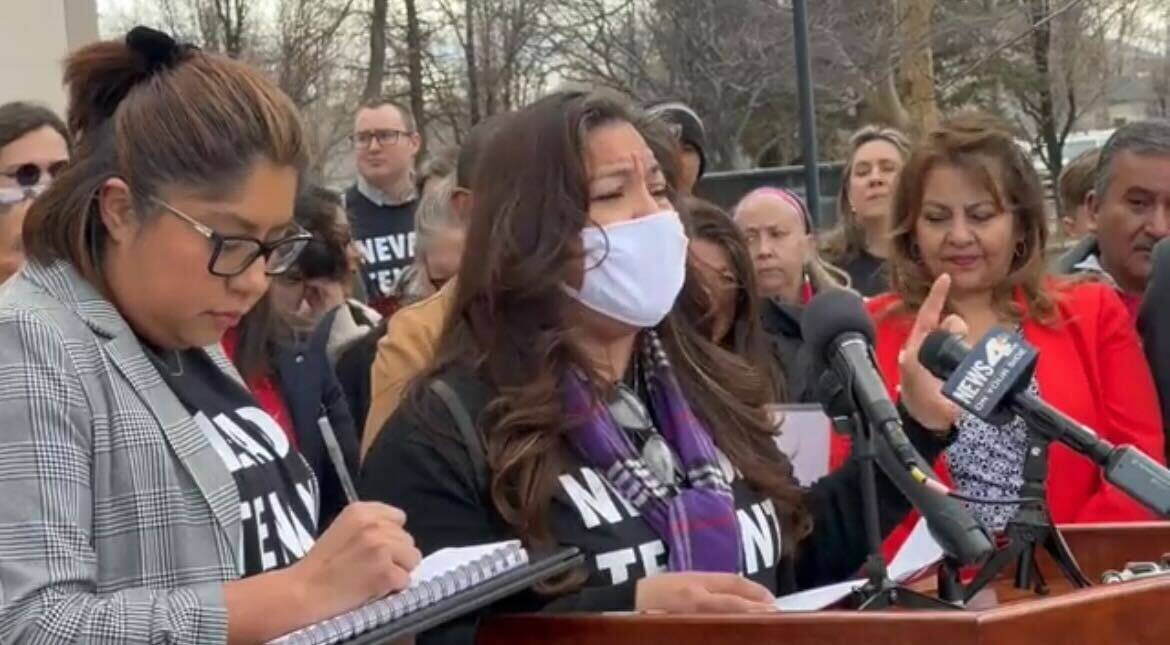 A crowd of people gathered outside of the legislative building in Carson city as Areli Sanchez ...