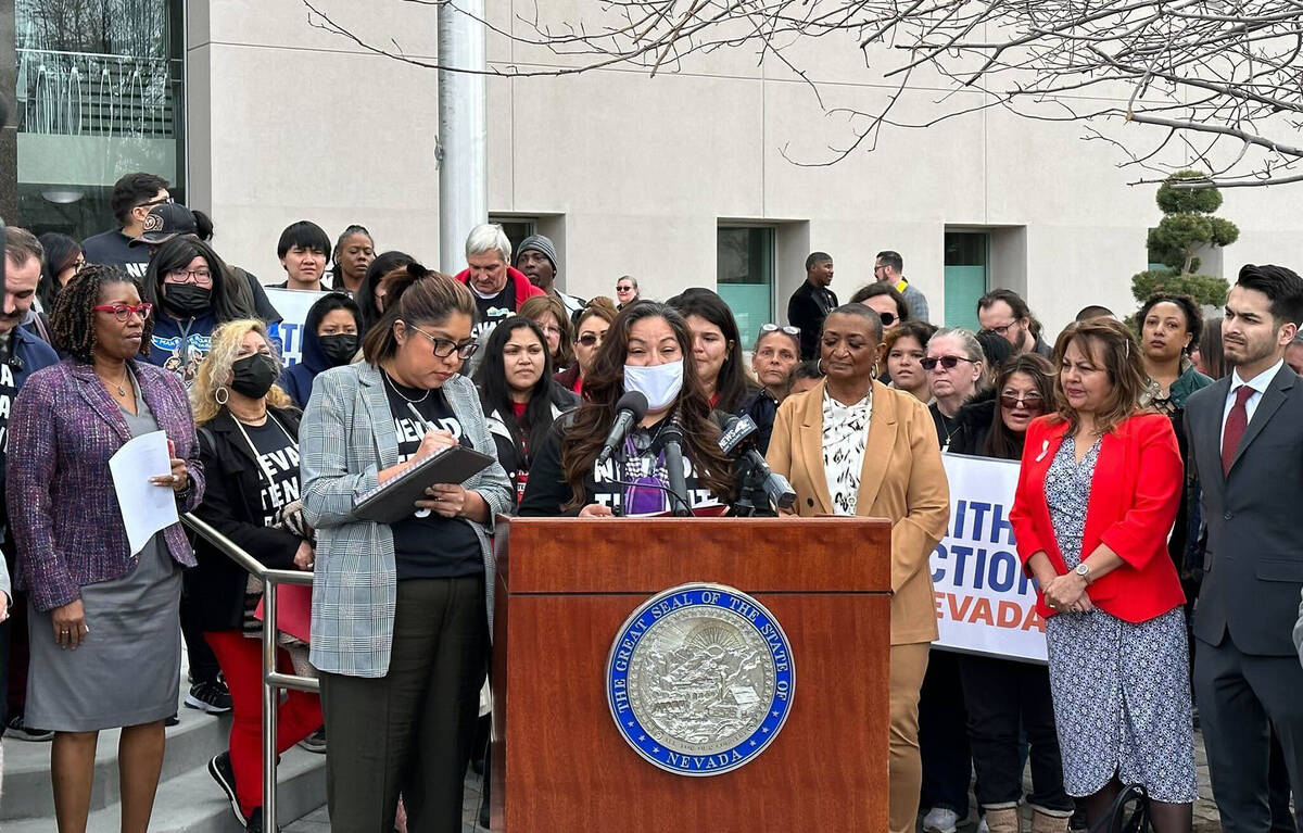 A crowd of people gathered outside of the legislative building in Carson city as Areli Sanchez ...