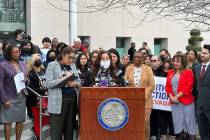 A crowd of people gathered outside of the legislative building in Carson city as Areli Sanchez ...