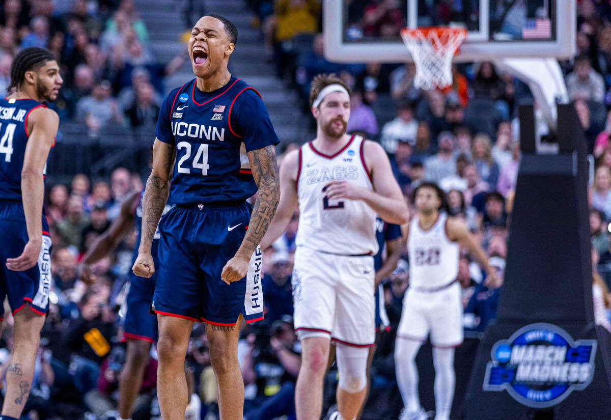 UConn guard Jordan Hawkins (24) celbreates another basket and a large lead over Gonzaga during ...