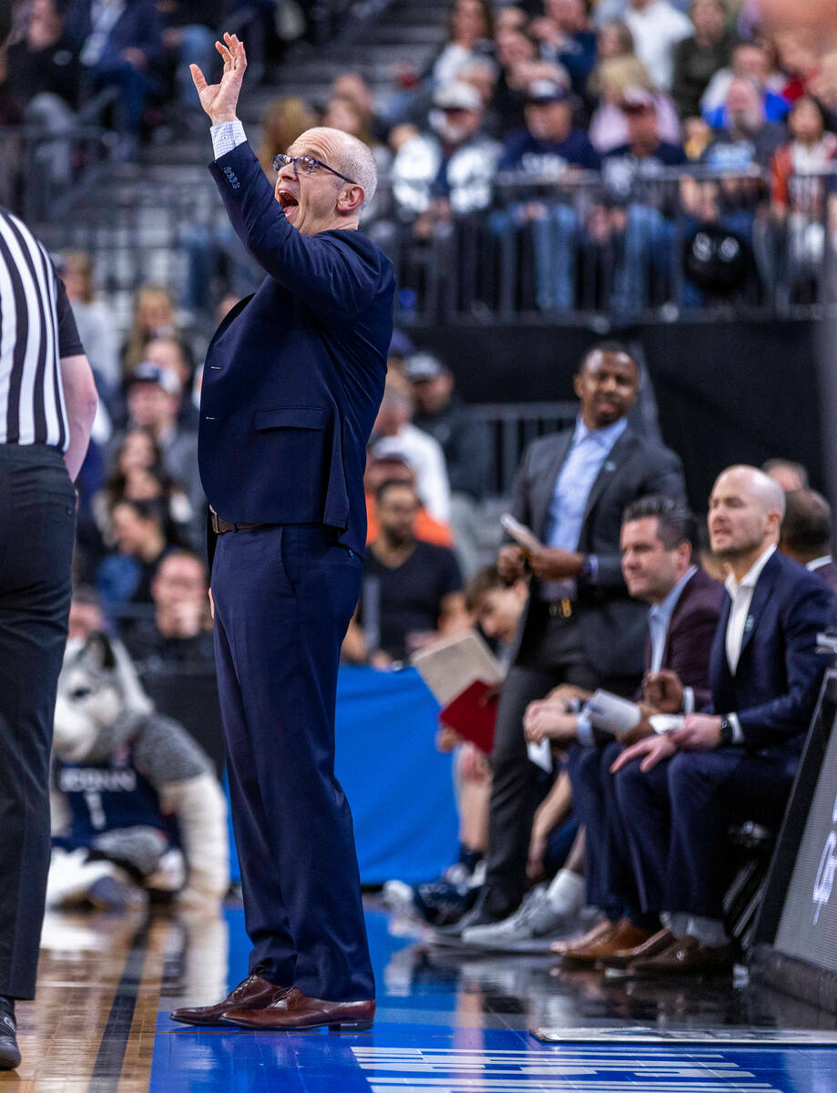 UConn head coach Dan Hurley signals his players against Gonzaga during the first half of their ...