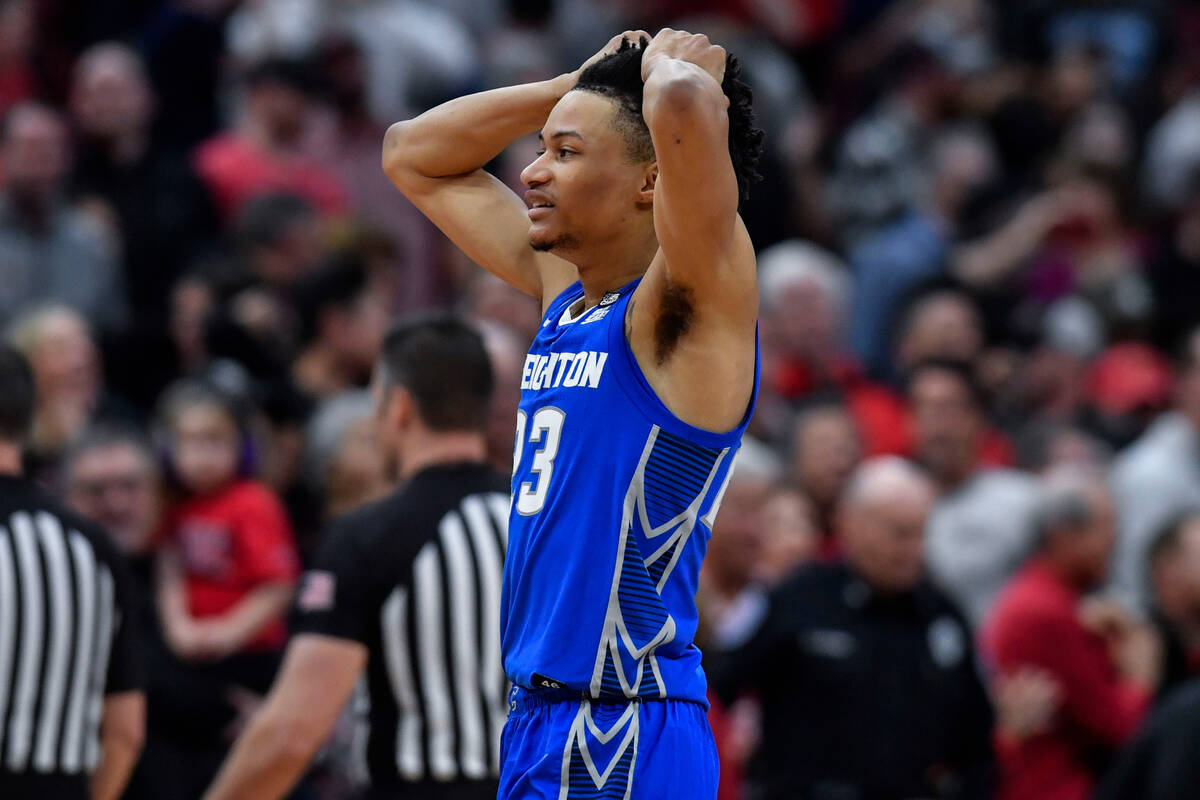 Creighton guard Trey Alexander (23) reacts in the second half of a Elite 8 college basketball g ...