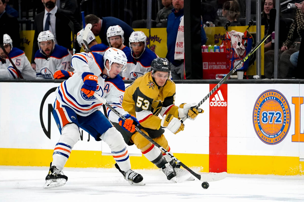 Edmonton Oilers center Ryan Nugent-Hopkins (93) skates with the puck against Vegas Golden Knigh ...