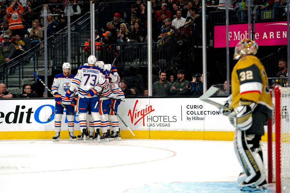 The Edmonton Oilers celebrate a goal against the Vegas Golden Knights during the first period o ...
