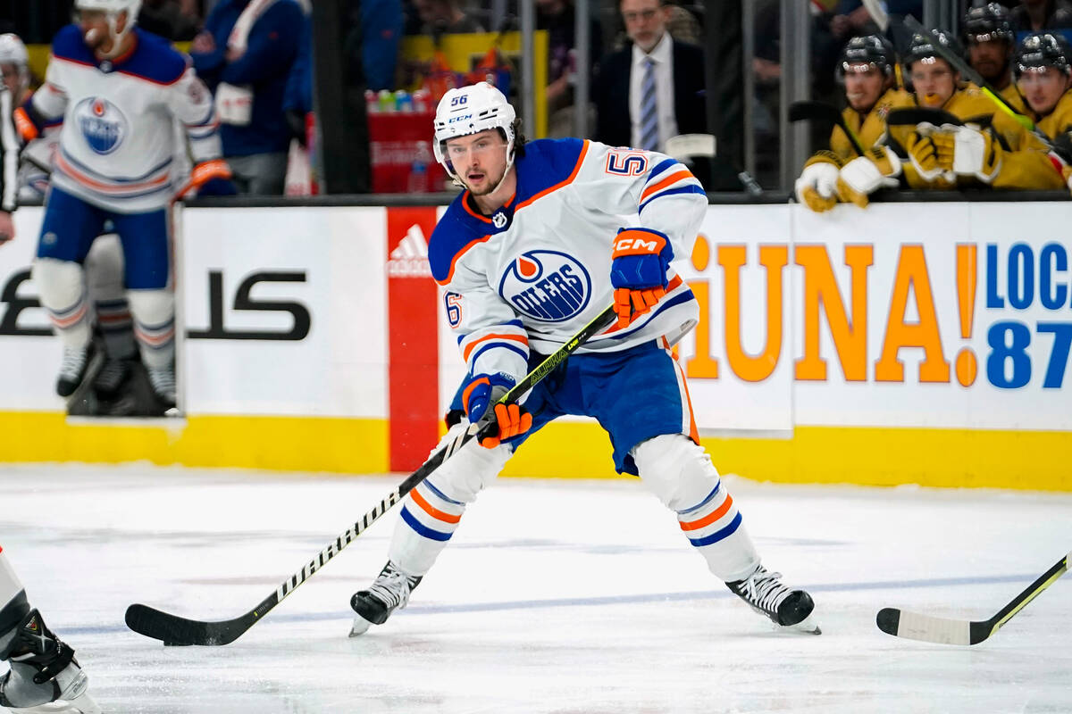 Edmonton Oilers right wing Kailer Yamamoto (56) looks to pass the puck  during the third period …