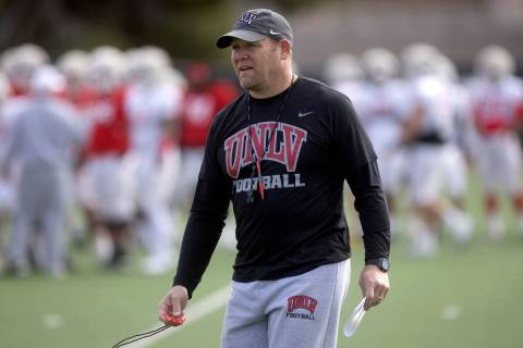 Head coach Barry Odom during UNLV football practice at Fertitta Football Complex on Saturday, M ...