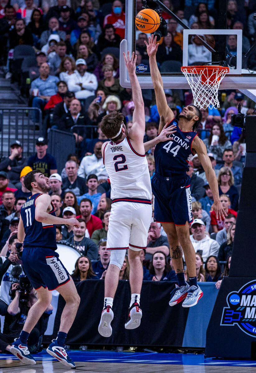 Gonzaga forward Drew Timme (2) has a shot rejected by UConn guard Andre Jackson Jr. (44) during ...