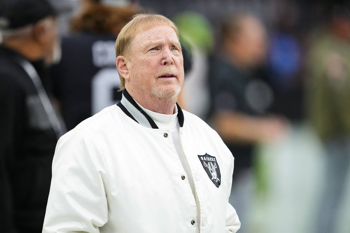 Las Vegas Raiders owner Mark Davis watches warms up before an NFL football game between the Ind ...