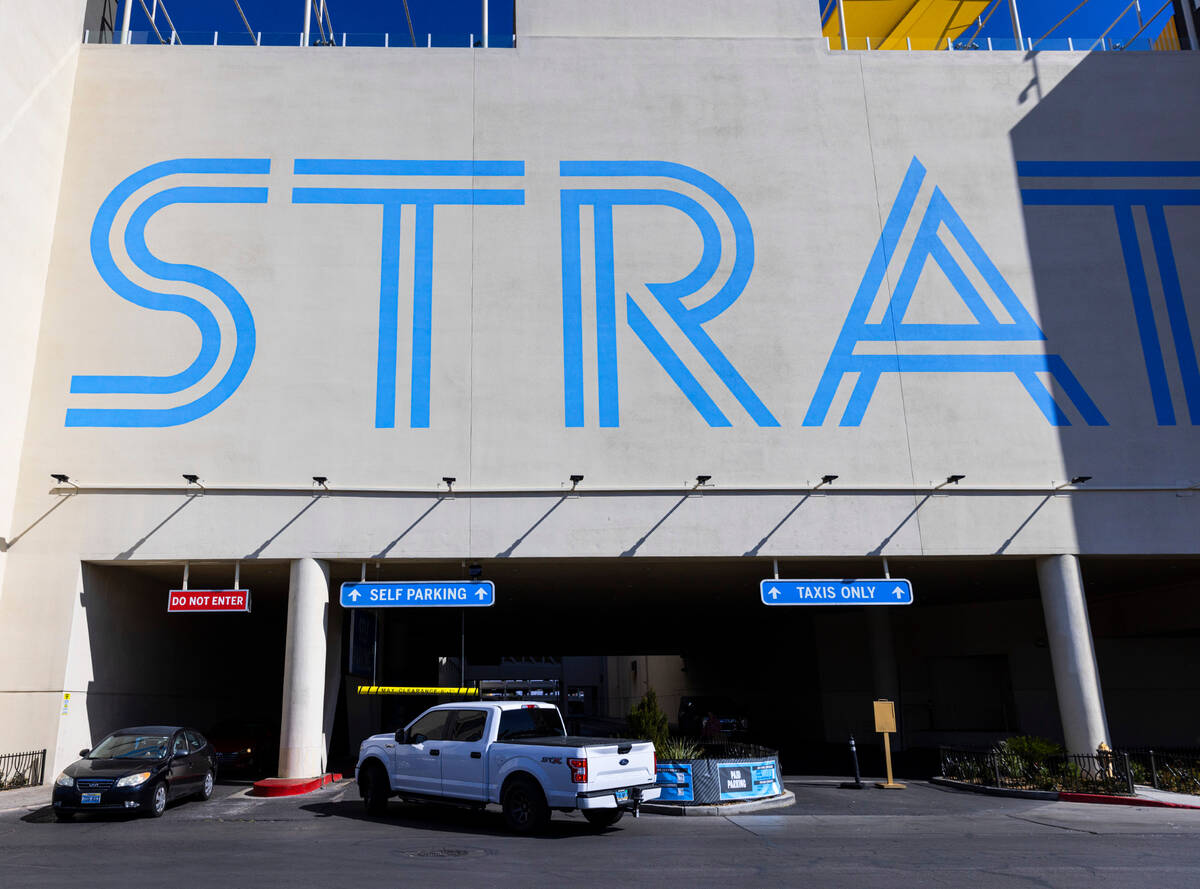 A pickup truck enters a parking garage at The Strat, on Monday, March 27, 2023, in Las Vegas. ( ...