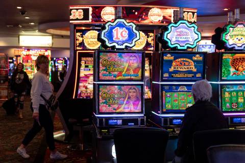 Guests mill about the casino floor at The Plaza on Thursday, March 2, 2023, in Las Vegas. (Elle ...
