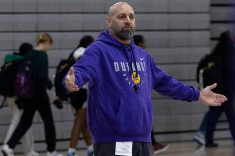 Durango head coach Chad Beeten works with his team during a boys high school basketball practic ...