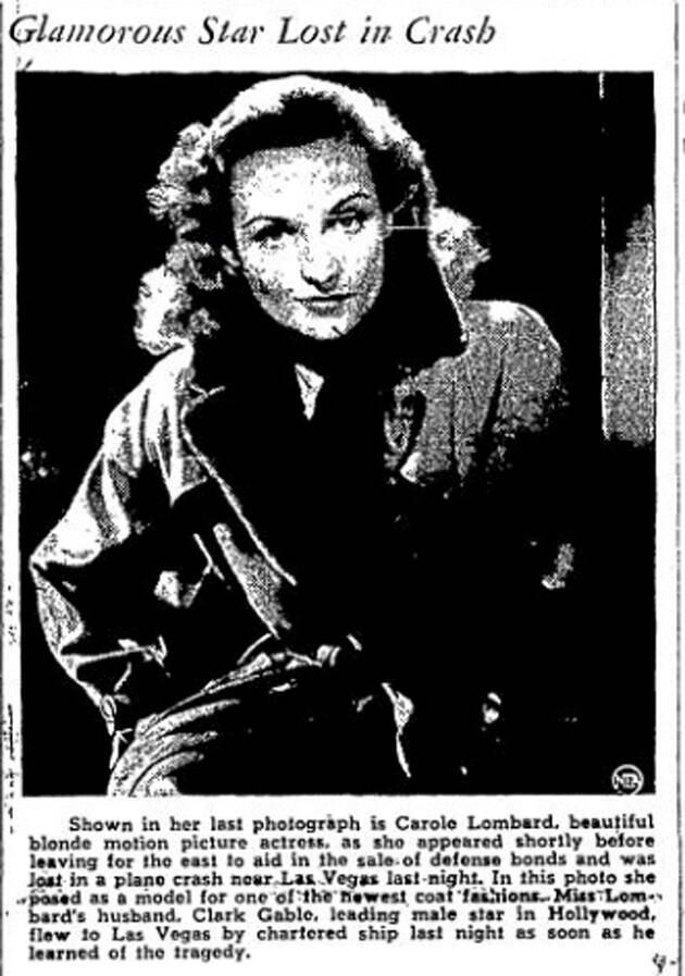 Foto aktris Carole Lombard diterbitkan di Las Vegas Evening Review-Journal pada 17 Januari, ...