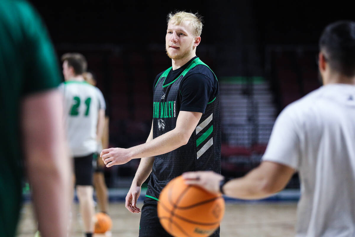 Utah Valley Wolverines player Trey Woodbury during practice at the Orleans Arena in Las Vegas, ...