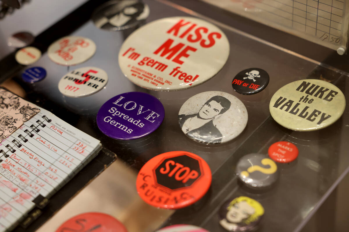 Buttons on display in The Punk Rock Museum in Las Vegas Friday, March 31, 2023. (K.M. Cannon/La ...