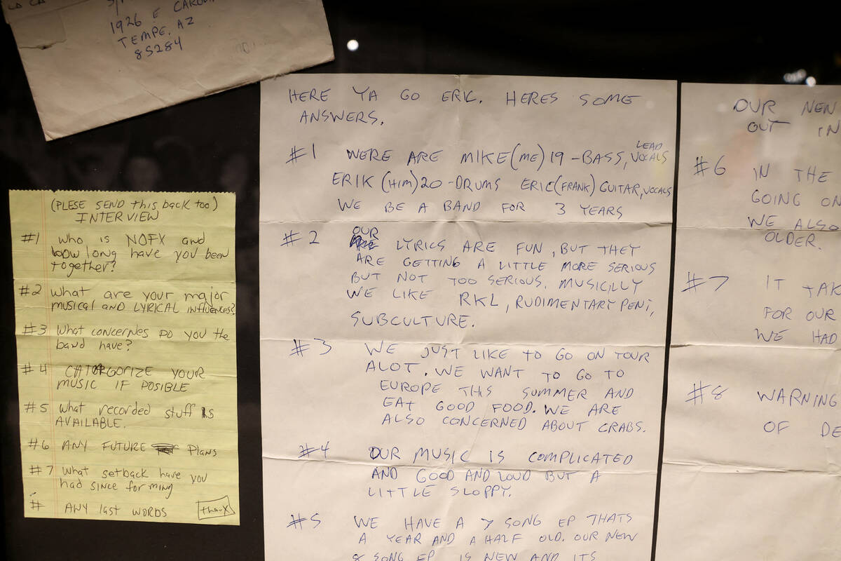 Notes written by “Fat” Mike Burkett, co-founder of The Punk Rock Museum, shows hi ...