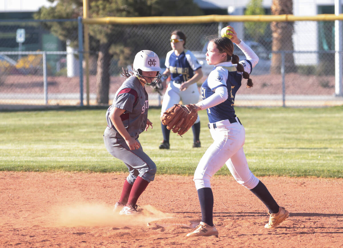 Cimarron-Memorial's Desirae Casique (17) gets forced out by Spring Valley's Emily Makis (5) dur ...