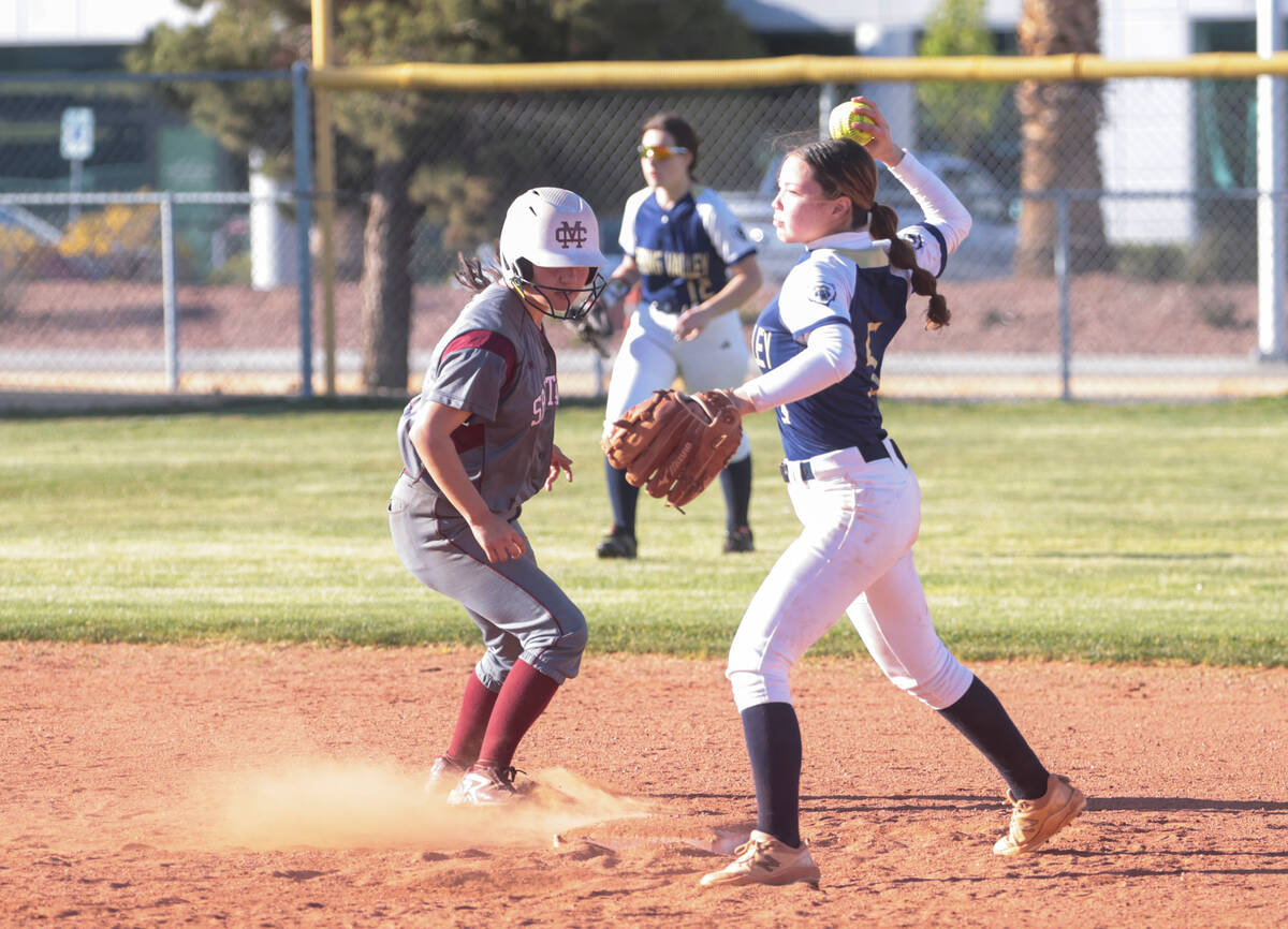 Cimarron-Memorial's Desirae Casique (17) gets forced out by Spring Valley's Emily Makis (5) dur ...