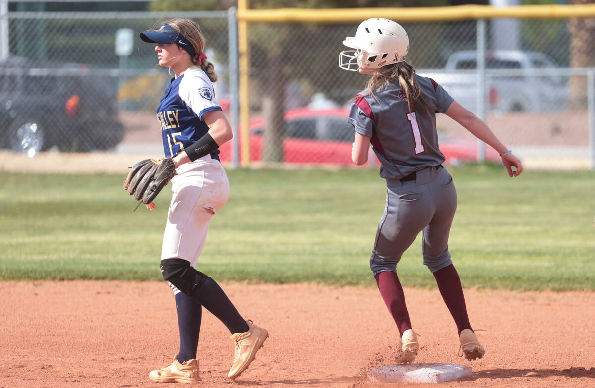 Cimarron-Memorial's Chloe Schoenwald (1) steals second base against Spring Valley’s Isab ...