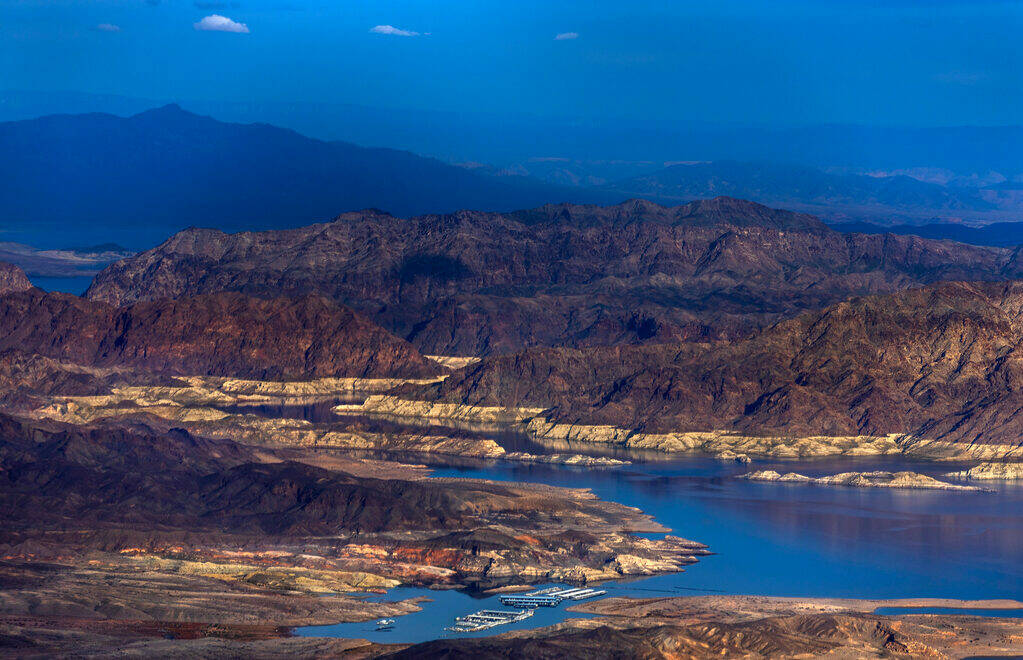 Land is exposed about Callville Bay and the narrows where there once was water along the Lake M ...