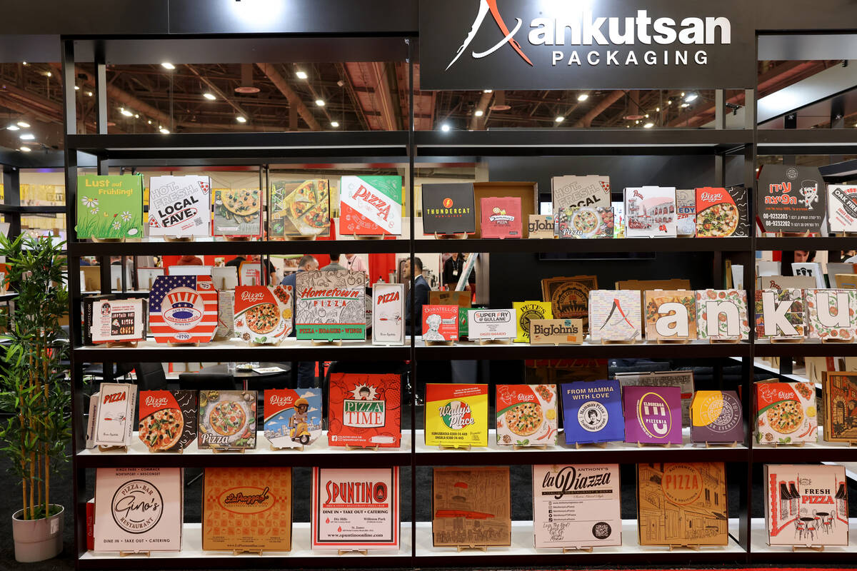 Pizza boxes on display at the Ankutsan Packaging booth at the International Pizza Expo at the L ...