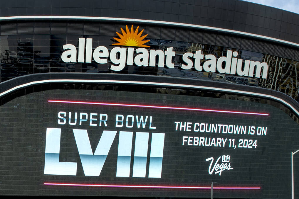 Allegiant Stadium displays a Super Bowl LVIII message. (L.E. Baskow/Las Vegas Review-Journal)