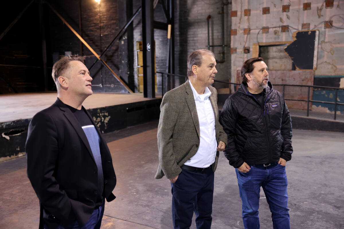 Developer J Dapper, owner of the Huntridge Theater, right, meets with architect Brett Robillard ...