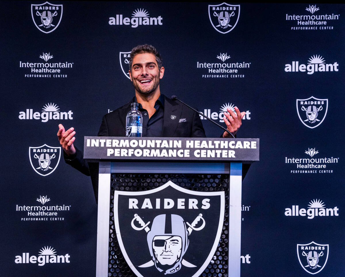 Jimmy Garoppolo answers a question during a press conference at the Raiders Headquarters and In ...