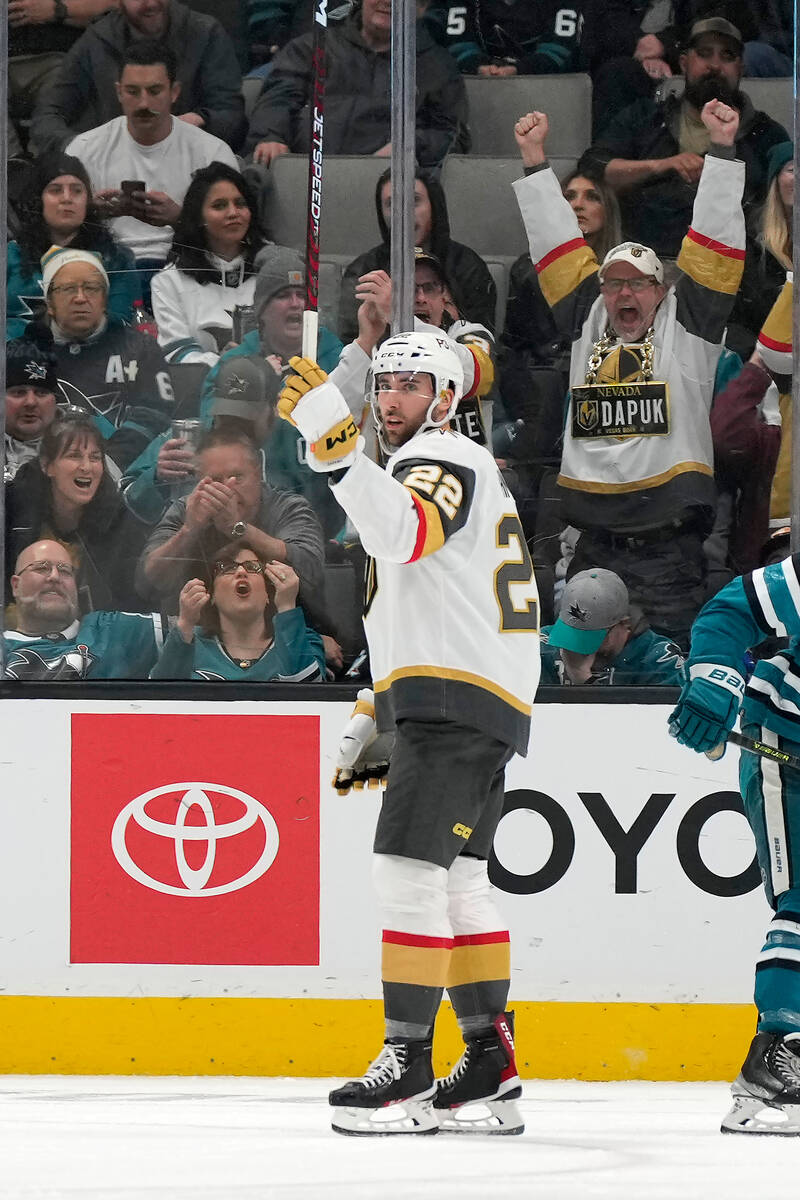 Vegas Golden Knights right wing Michael Amadio gestures after scoring a goal against the San Jo ...