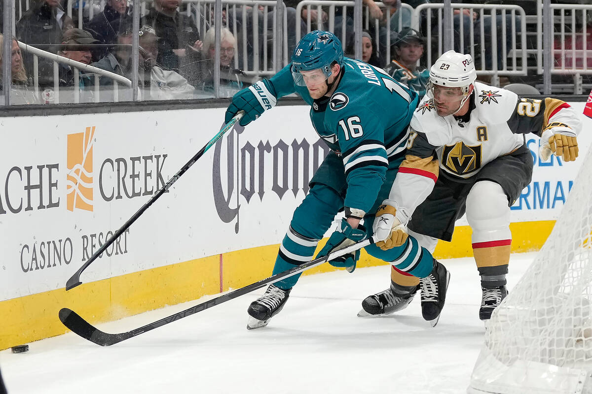 San Jose Sharks center Steven Lorentz (16) and Vegas Golden Knights defenseman Alec Martinez (2 ...