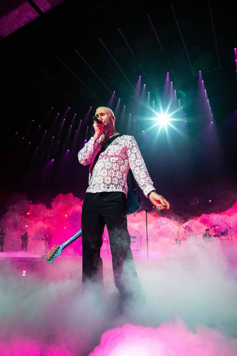 Adam Levine is shown at Maroon 5's "M5LV" show at Dolby Live at Park MGM on Saturday, March 25, ...