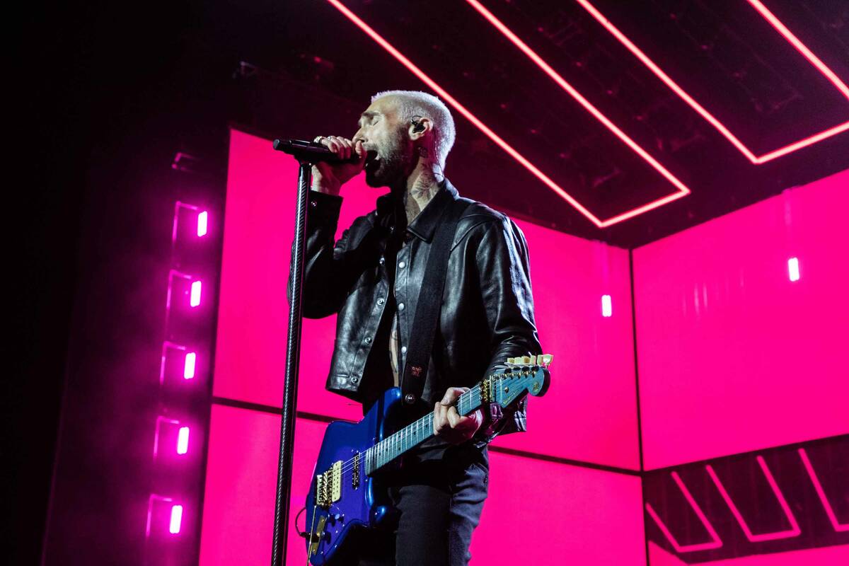 Adam Levine is shown at Maroon 5's "M5LV" show at Dolby Live at Park MGM on Saturday, March 25, ...