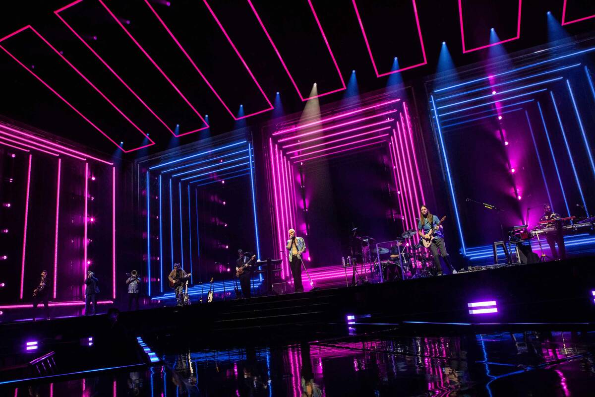 Adam Levine is shown at Maroon 5's "M5LV" show at Dolby Live at Park MGM on Saturday, March 25, ...