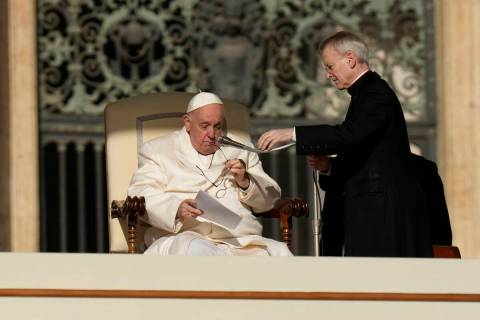 Pope Francis holds his weekly general audience in St. Peter's Square, at the Vatican, Wednesday ...