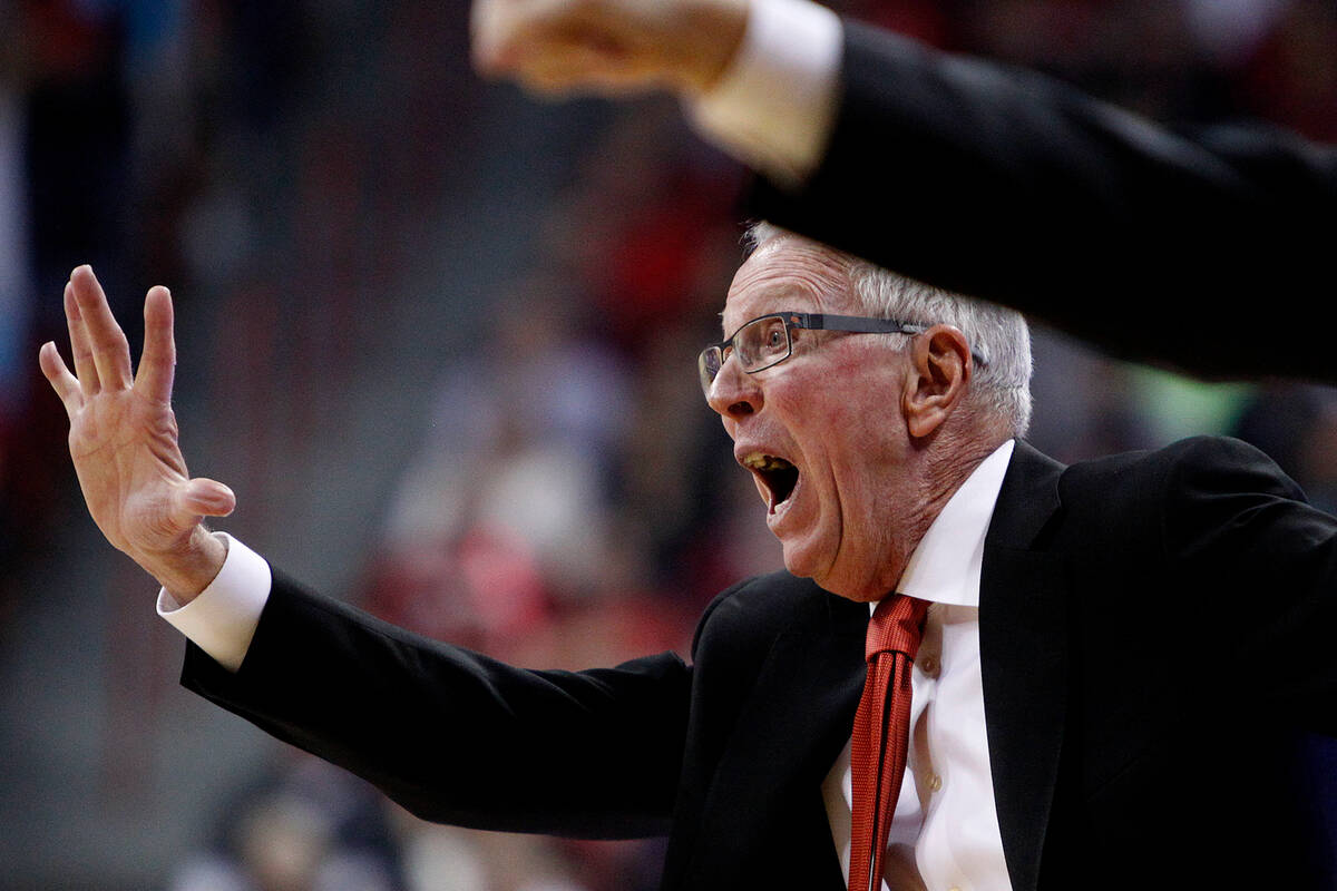 SDSU head coach Steve Fisher motions to his team during their game at the Thomas & Mack Cen ...
