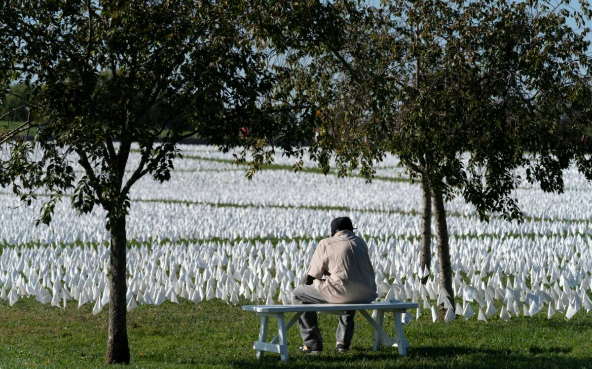 A visitor sits on a bench to look at artist Suzanne Brennan Firstenberg's "In America: Remember ...