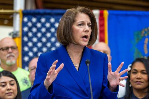 Sen. Catherine Cortez Masto, D-Nev., talks to workers at the Carpenters International Training ...