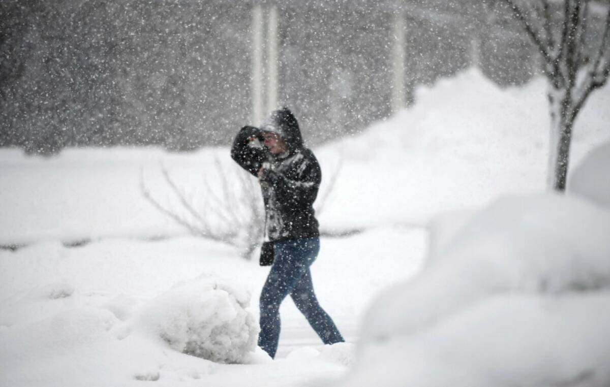 A pedestrian caught in Monday's blizzard like conditions in the Sierra Nevada, makes her way al ...