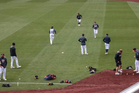 Las Vegas Aviators players work out during media day at Las Vegas Ballpark in Downtown Summerli ...