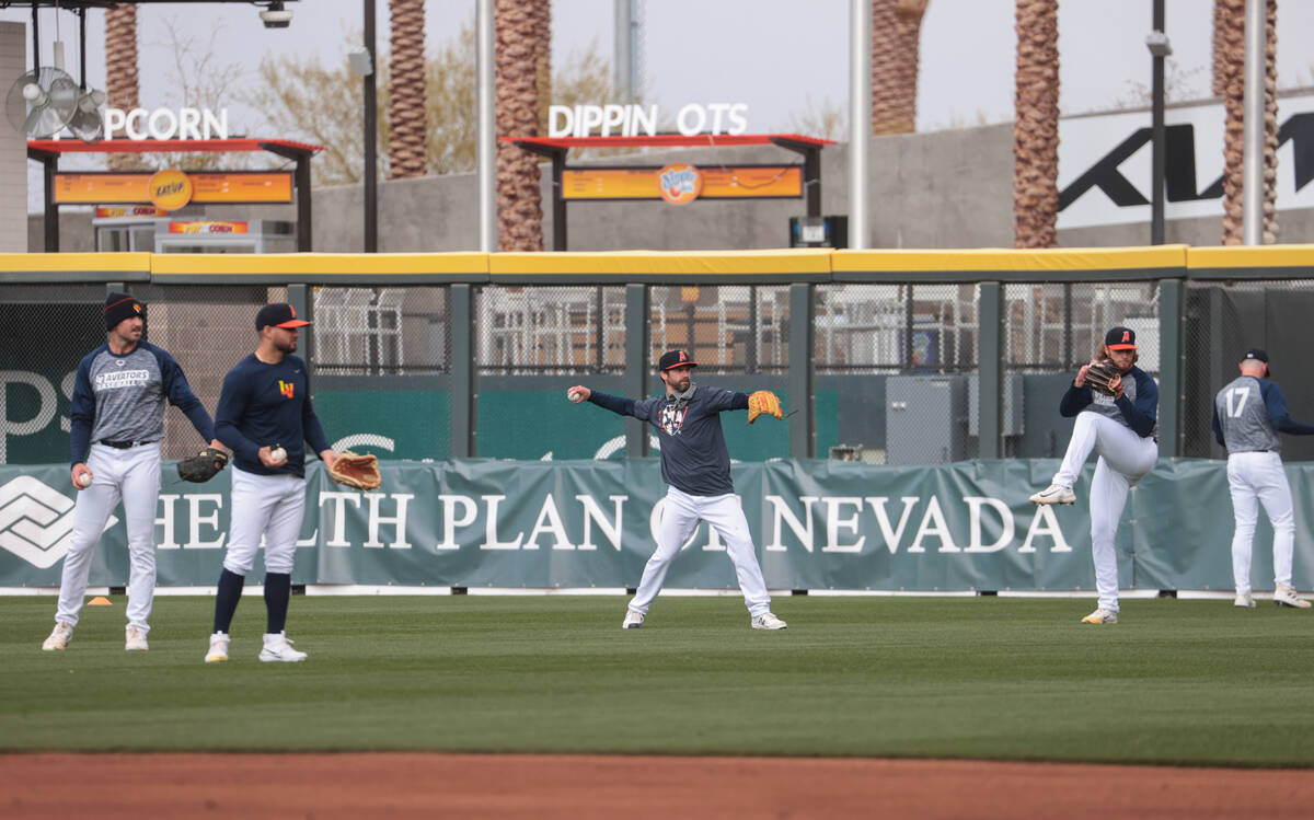 Las Vegas Aviators players practice during media day at Las Vegas Ballpark in Downtown Summerli ...