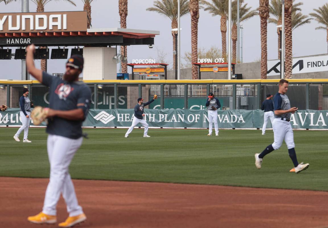 Las Vegas Aviators players practice during media day at Las Vegas Ballpark in Downtown Summerli ...