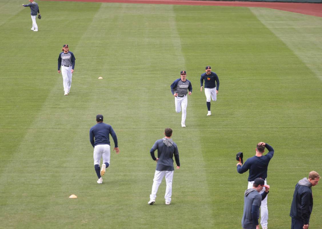 Las Vegas Aviators players work out during media day at Las Vegas Ballpark in Downtown Summerli ...