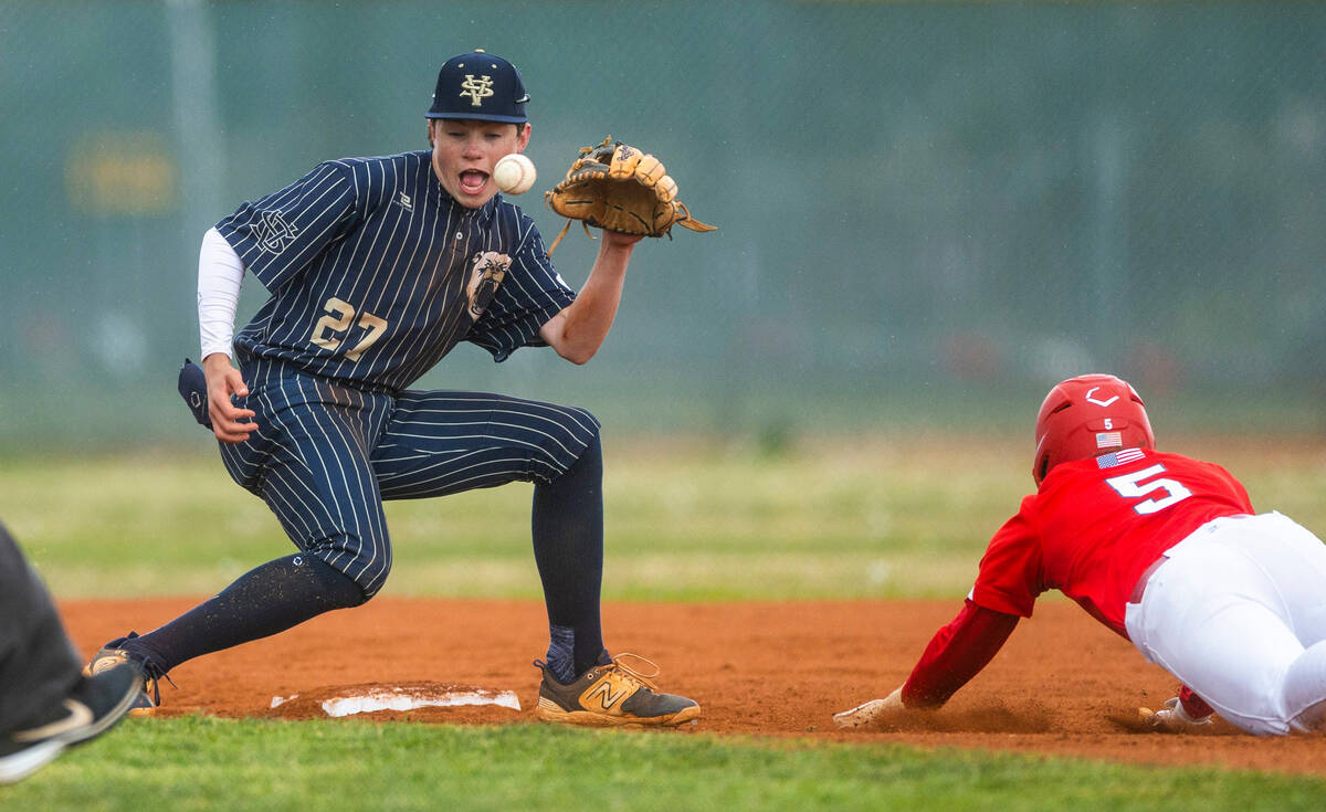 Spring Valley infielder Grant Kelly eyes a bouncing throw to second base as Liberty runner Domi ...
