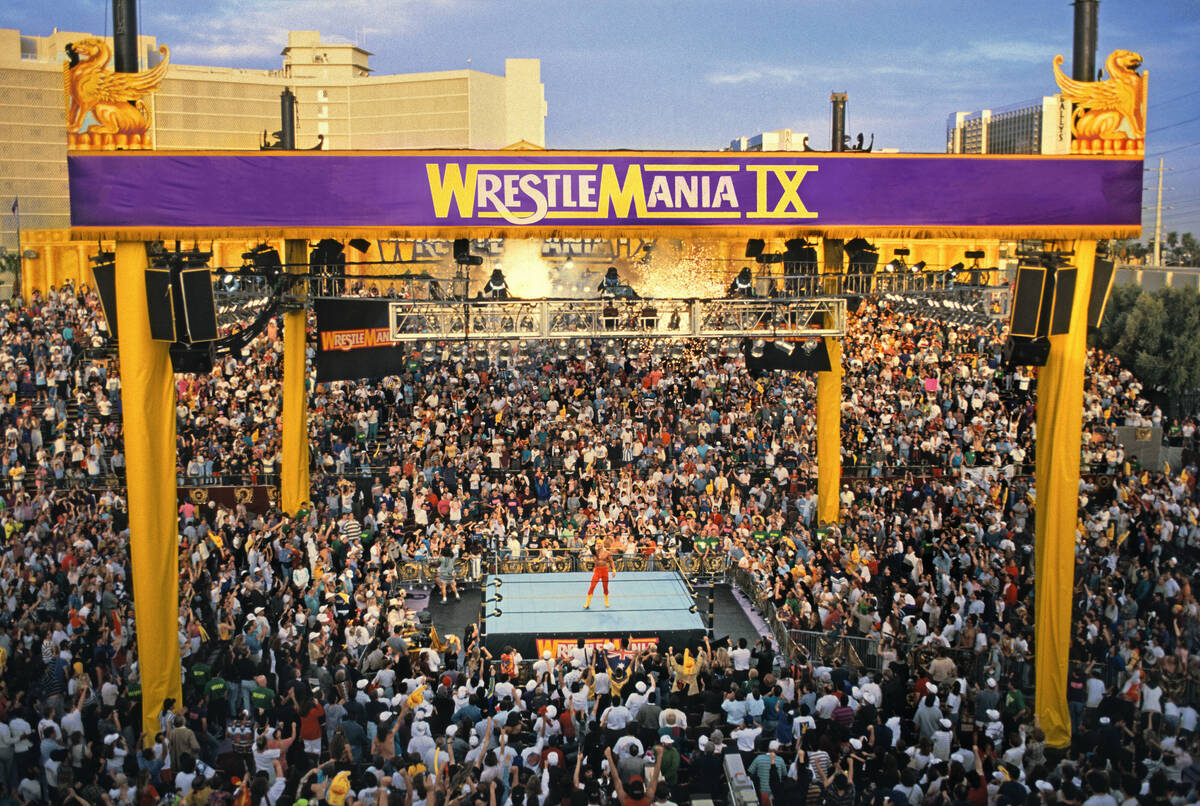 Hulk Hogan celebrates inside the Roman colosseum the WWF created when the outdoor setup at Caes ...