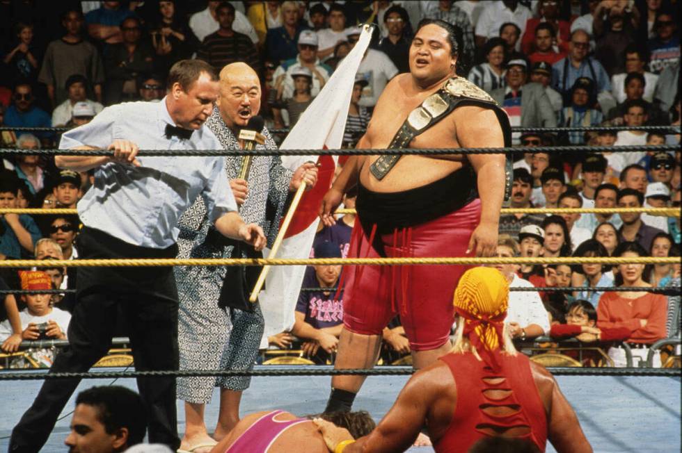 Hulk Hogan comforts Bret Hart and confronts the new champion, Yokozuna, and his manager, Mr. Fu ...