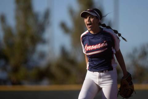 Coronado’s Paisley Magdaleno celebrates after her team made an out during a high school ...