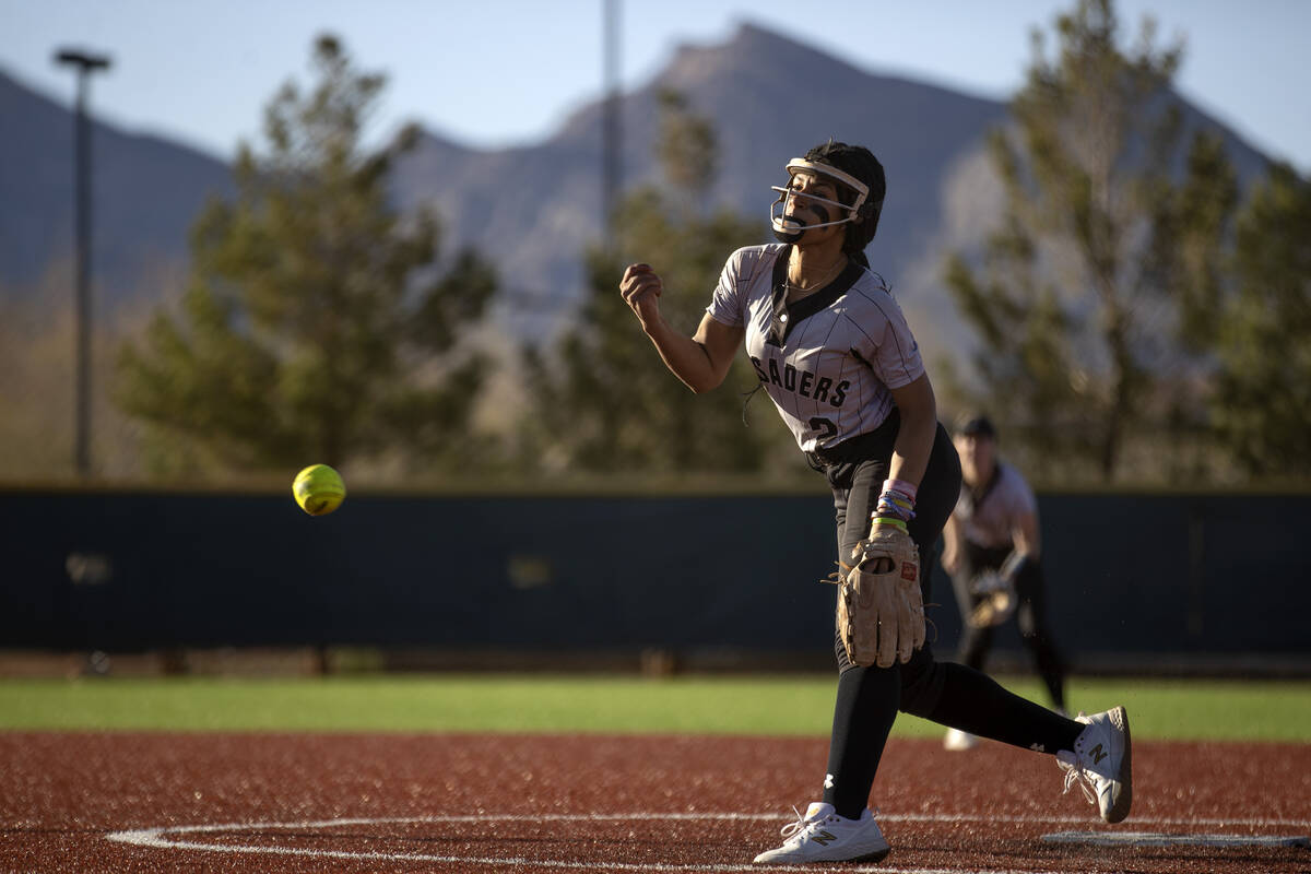 Faith Lutheran’s Ava Walker (2) pitches to Coronado during a high school softball game a ...