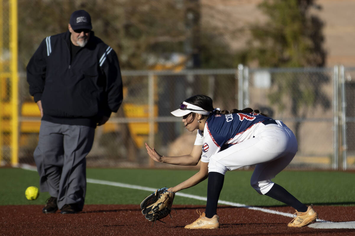 Coronado’s Paisley Magdaleno prepares to catch for an out at first base during a high sc ...